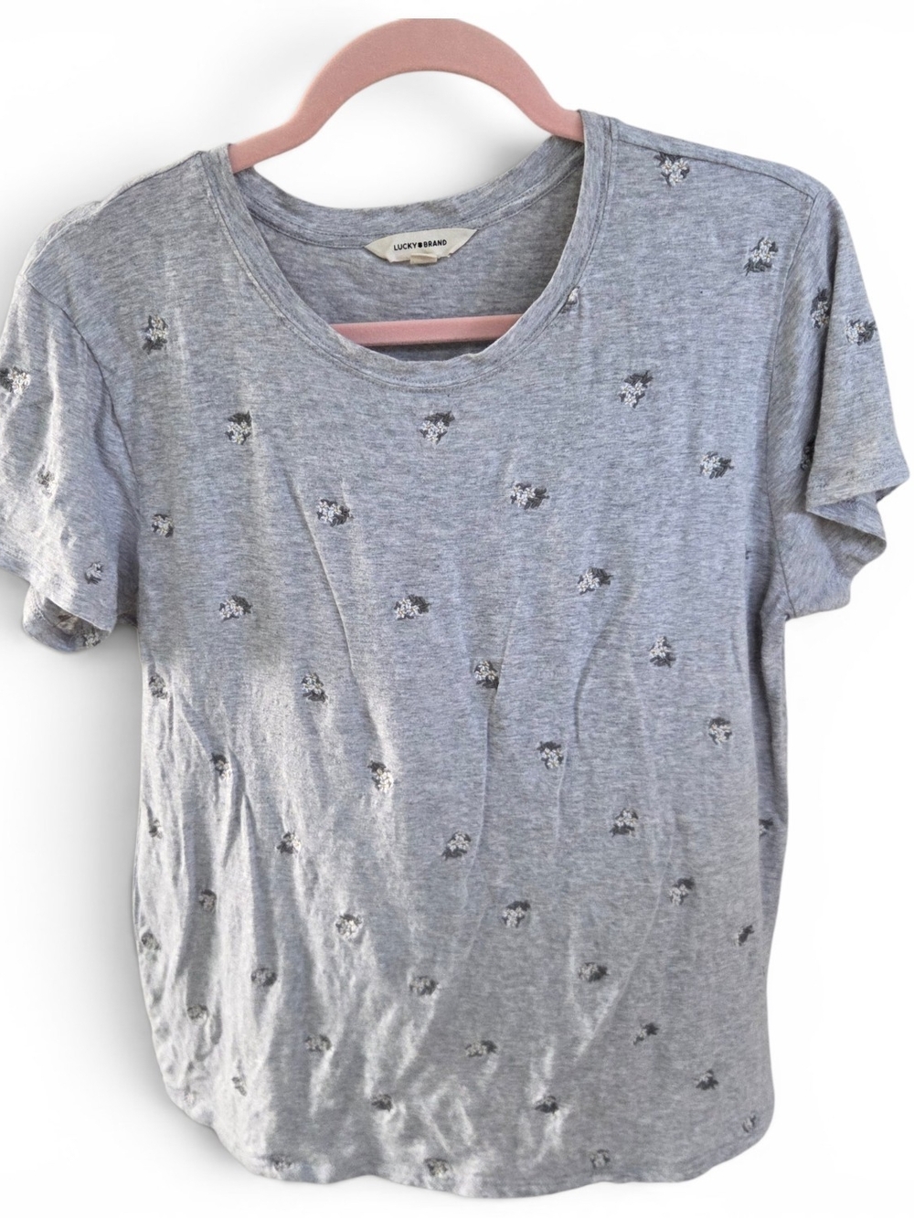 Lucky Brand Heather Gray Floral Embellished Tee
